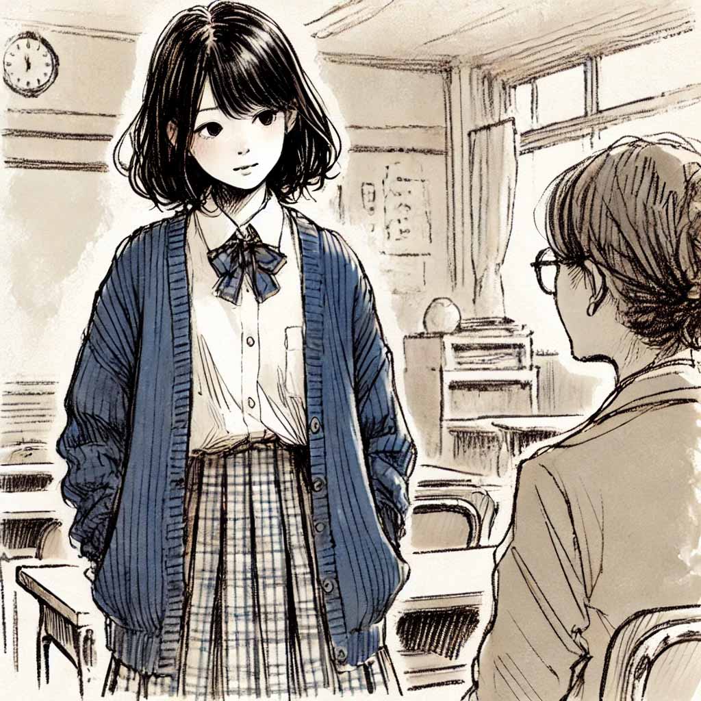 女子中学生　先生と話す 