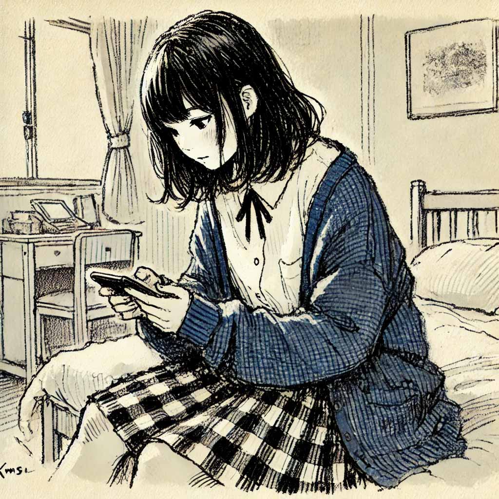lineをする女子中学生
