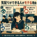教室でまわりを観察する女子生徒を中心に、気配りができる人がモテる理由を「観察力」「軽やかなひと声」「ミクロ行動」「相手の気持ち」の4点で示したレトロ調インフォグラフィック。