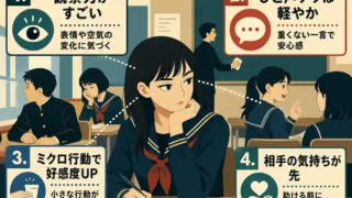 教室でまわりを観察する女子生徒を中心に、気配りができる人がモテる理由を「観察力」「軽やかなひと声」「ミクロ行動」「相手の気持ち」の4点で示したレトロ調インフォグラフィック。