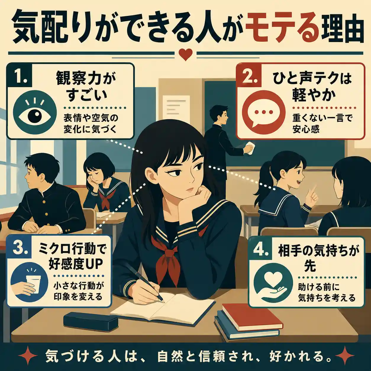 教室でまわりを観察する女子生徒を中心に、気配りができる人がモテる理由を「観察力」「軽やかなひと声」「ミクロ行動」「相手の気持ち」の4点で示したレトロ調インフォグラフィック。
