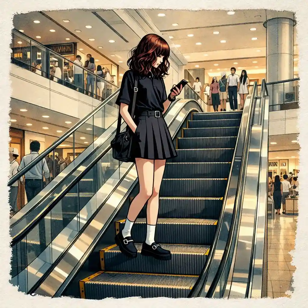 エスカレーターに乗っている中学生女子