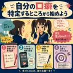 自分の口癖を見直す方法を、録音・メモ・言葉の絞り込みで説明する中学生向けインフォグラフィック