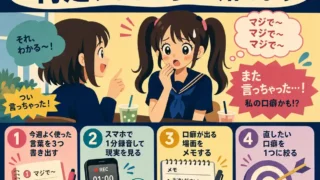 自分の口癖を見直す方法を、録音・メモ・言葉の絞り込みで説明する中学生向けインフォグラフィック