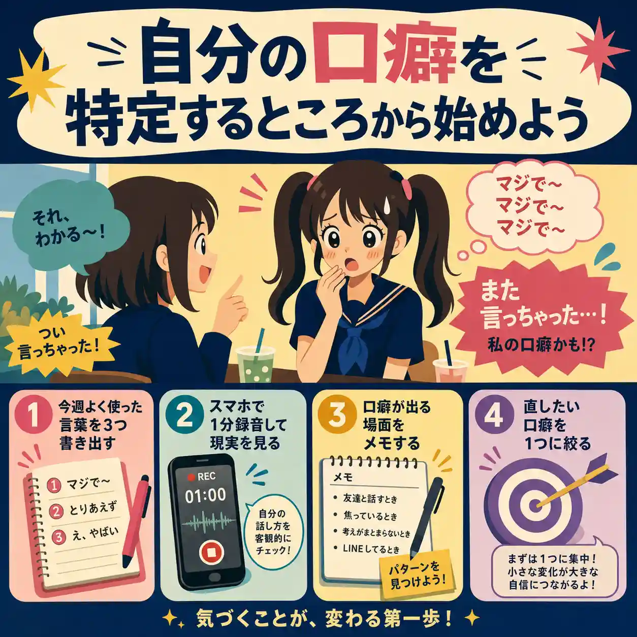 自分の口癖を見直す方法を、録音・メモ・言葉の絞り込みで説明する中学生向けインフォグラフィック