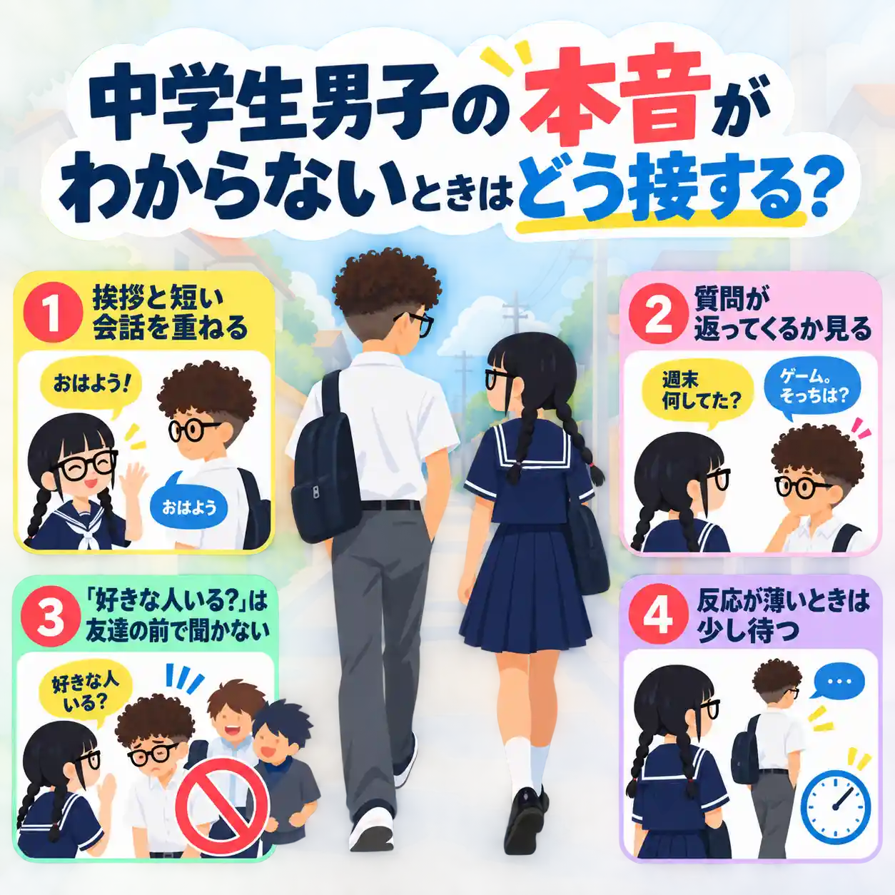 中学生男子の本音がわからないときの接し方を、会話や質問のコツとともに紹介する男女のイラスト