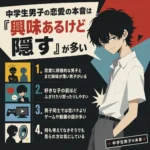 中学生男子の恋愛の本音を4項目で解説するインフォグラフィック。白シャツ姿の男子と「興味あるけど隠す」が多い理由を図解。