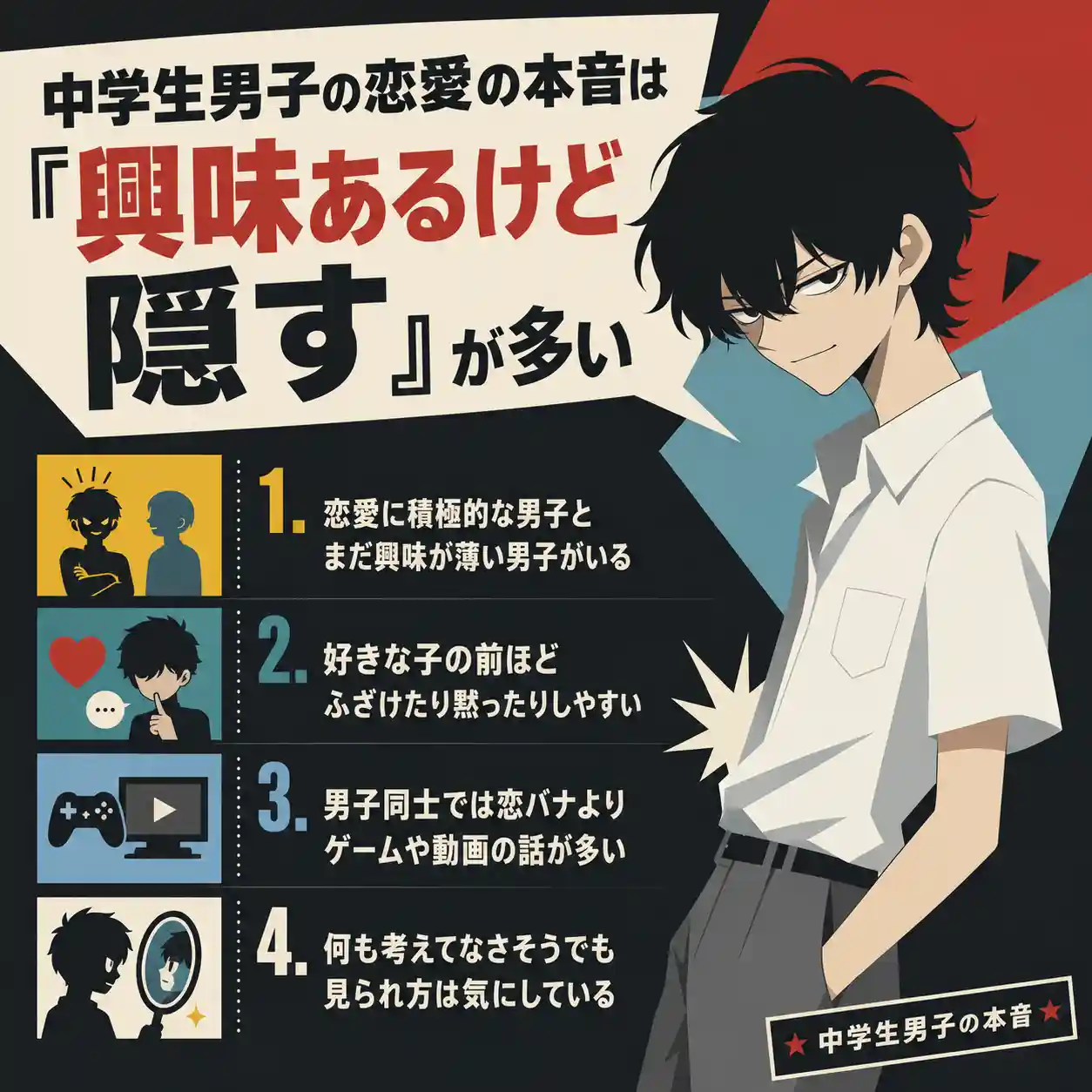 中学生男子の恋愛の本音を4項目で解説するインフォグラフィック。白シャツ姿の男子と「興味あるけど隠す」が多い理由を図解。