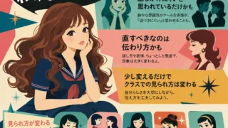 モテない女子は嫌われているわけじゃないと伝えるインフォグラフィック。悩むセーラー服の女子生徒と、性格の問題ではない・話しかけにくいだけかも・伝わり方を変える・少しの変化で見られ方は変わる、という要点をまとめている。