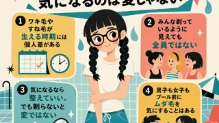 プール前のムダ毛が気になる中学生向けインフォグラフィック。白Tと短パン姿の三つ編みの女子を中心に、体毛が生える時期には個人差があること、みんなが剃っているわけではないこと、気になるなら整えてもよいこと、男女とも気にすることがあると4項目で説明している。