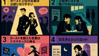 スクールカーストと恋愛の関係を4コマ風に説明したインフォグラフィック。上位カーストの公認恋愛、下位カーストの目立たない恋バナ、カーストを超えた恋愛、ロミオとジュリエット風の恋をレトロなアニメ調で描いている。