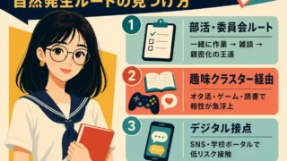 「対象外」でも恋が始まる自然発生ルートを紹介する正方形の日本語インフォグラフィック。夏のセーラー服を着た黒髪・丸メガネの女性が本を抱え、部活、趣味、SNS、手伝い行動の4つの接点がアイコン付きで整理されている。