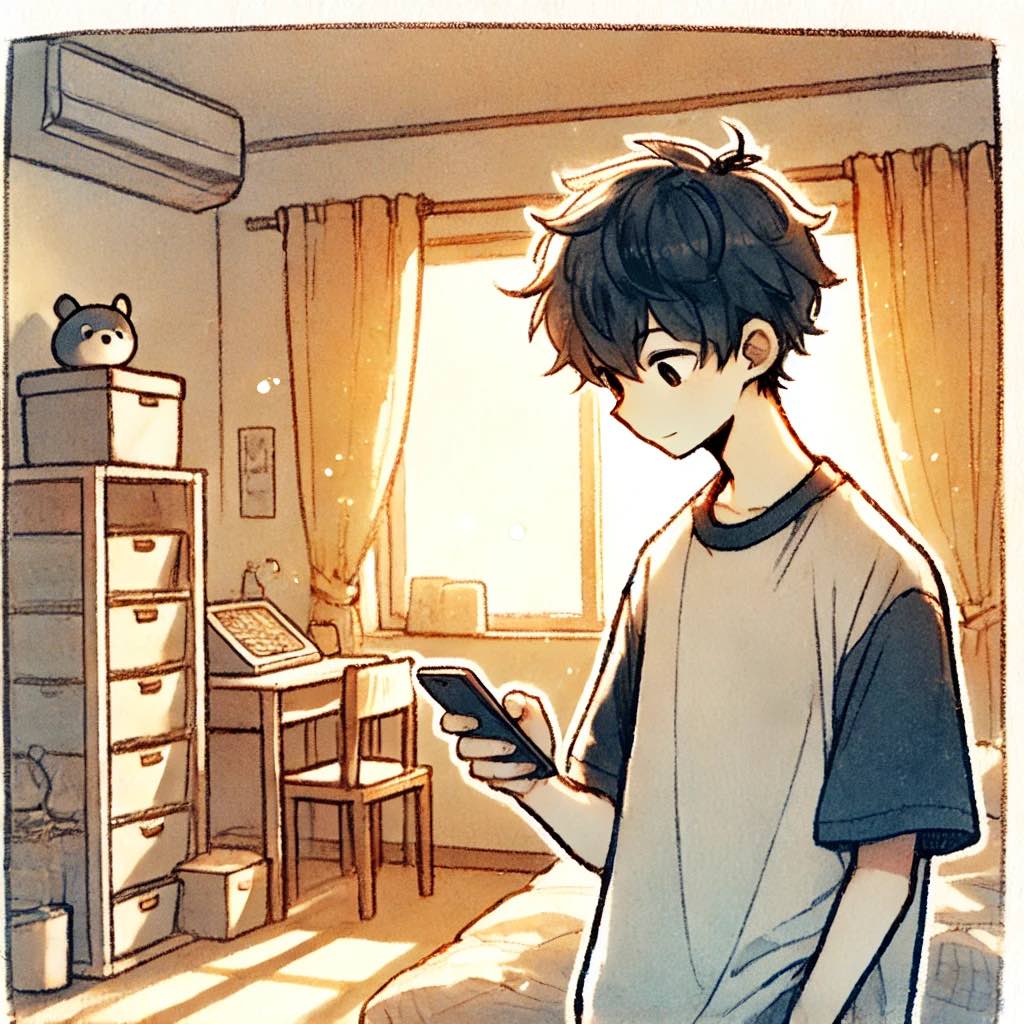 スマホをみている中学生男子