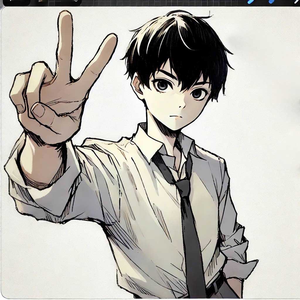 Vサインを出す中学生男子