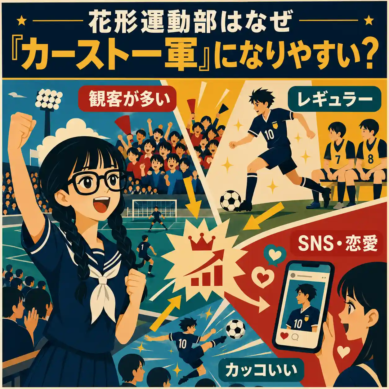 花形運動部が観客の多さやSNS、恋愛で注目され、カースト一軍になりやすい理由を示す図