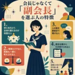 生徒会副会長を選ぶ人の特徴を5つに整理したインフォグラフィック。セーラー服の女子生徒が中央でメモを取り、調整力、現実感、傾聴、責任感、裏方のやりがいを紹介。