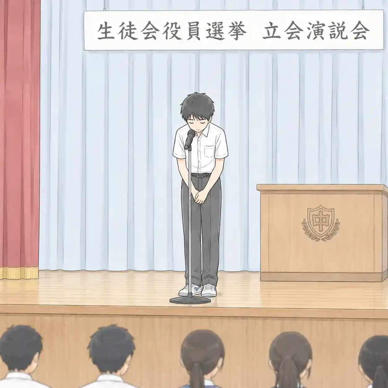壇上で謝る生徒会長