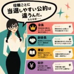 表示を増やす表示を減らす生徒会の役職ごとに当選しやすい公約の違いを解説するインフォグラフィック。吹き出しで説明する女性と、会長・副会長・書記・会計それぞれの公約例を色分けで示している。