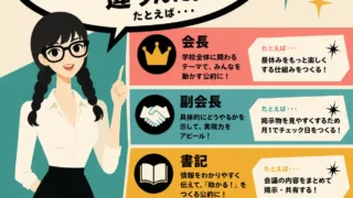 表示を増やす表示を減らす生徒会の役職ごとに当選しやすい公約の違いを解説するインフォグラフィック。吹き出しで説明する女性と、会長・副会長・書記・会計それぞれの公約例を色分けで示している。