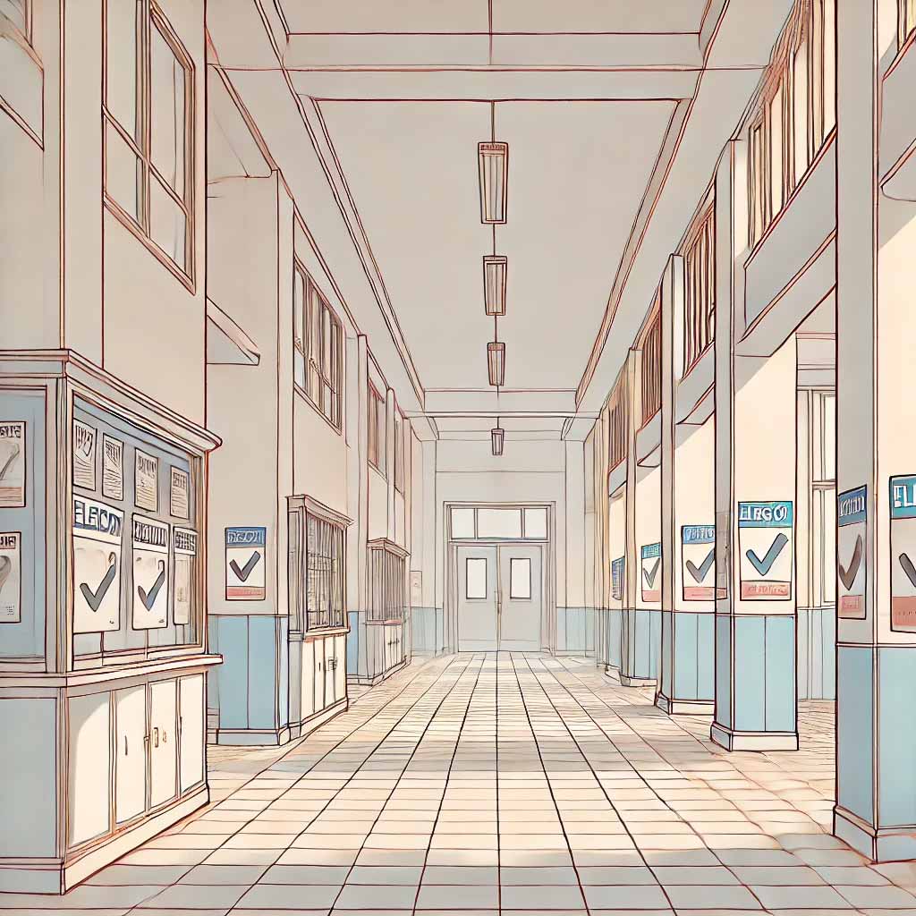 選挙ポスターがろうかいに貼ってある