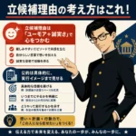 立候補理由の考え方を説明するインフォグラフィック。黒い学生服の男子生徒が、ユーモアと誠実さ、具体的な公約の大切さを示している。