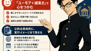 立候補理由の考え方を説明するインフォグラフィック。黒い学生服の男子生徒が、ユーモアと誠実さ、具体的な公約の大切さを示している。