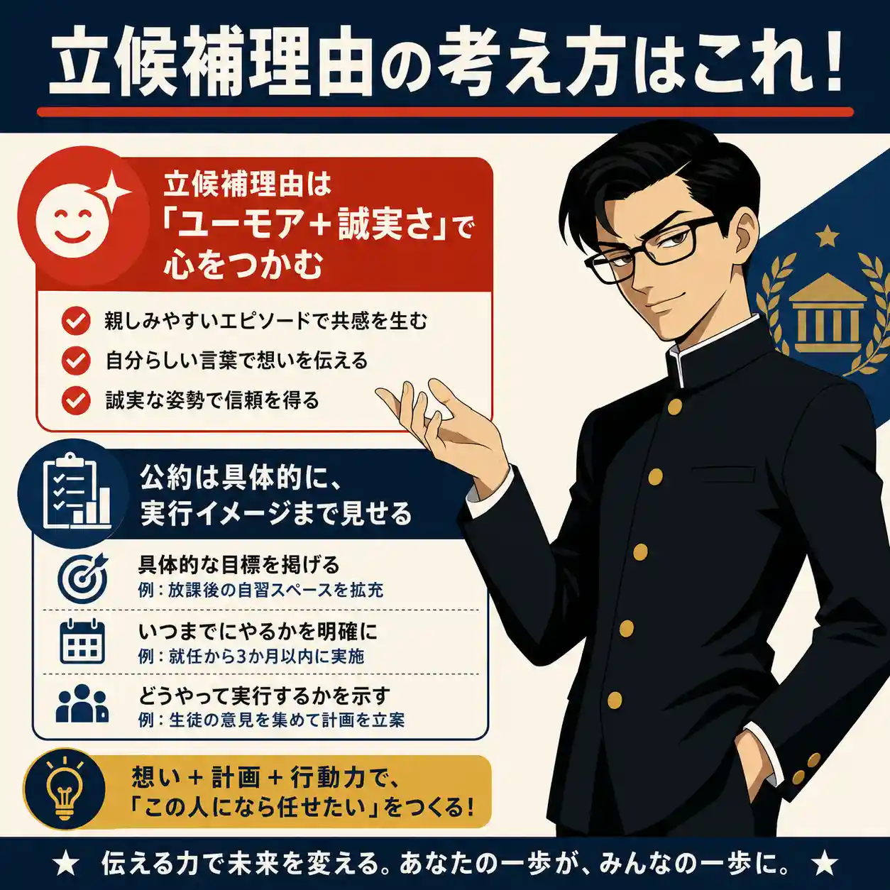 立候補理由の考え方を説明するインフォグラフィック。黒い学生服の男子生徒が、ユーモアと誠実さ、具体的な公約の大切さを示している。