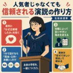 生徒会選挙で人気者じゃなくても信頼される演説を作るコツを、丸メガネの女子中学生が演説するイラストでまとめたインフォグラフィック