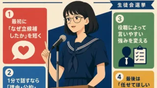 生徒会選挙で人気者じゃなくても信頼される演説を作るコツを、丸メガネの女子中学生が演説するイラストでまとめたインフォグラフィック