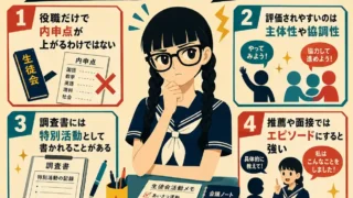 生徒会役職は内申点に影響するのかを、役職名より主体性や協調性、特別活動、面接でのエピソードが大切だと説明するインフォグラフィック