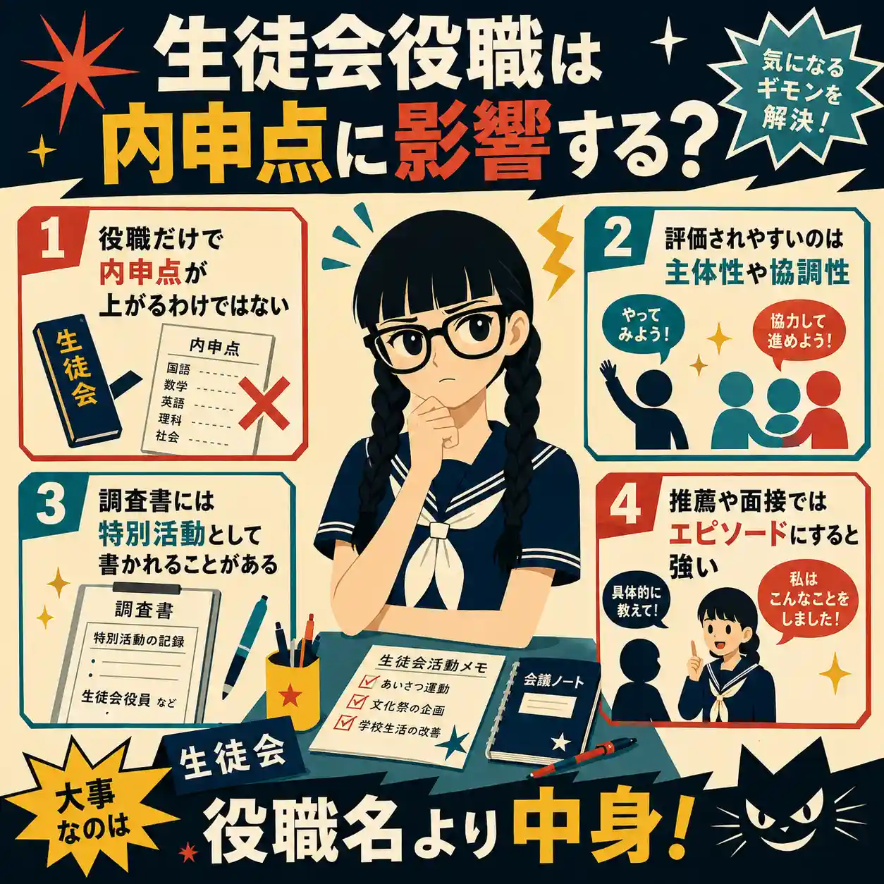 生徒会役職は内申点に影響するのかを、役職名より主体性や協調性、特別活動、面接でのエピソードが大切だと説明するインフォグラフィック