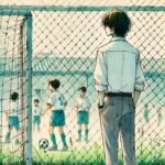 金網の外から部活を見ている中学生男子