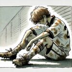 試合後座りこんで¥項垂れているサッカー部中学生男子