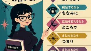 「っていうか」の言い換えを紹介するインフォグラフィック。太い三つ編みと黒縁メガネの若い女性講師が本を持ち、『というより』『ちなみに』『ところで』『つまり』『要するに』の使い分けを解説している。」