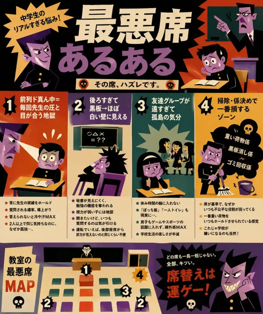 教室の席替えで起こる「最悪席あるある」をテーマにしたインフォグラフィック。前列中央で先生と目が合い続ける生徒、後ろすぎて黒板が見えない席、友達グループから離れて孤立する席、掃除や係で不利になる席の4パターンを、イラストで表現している。