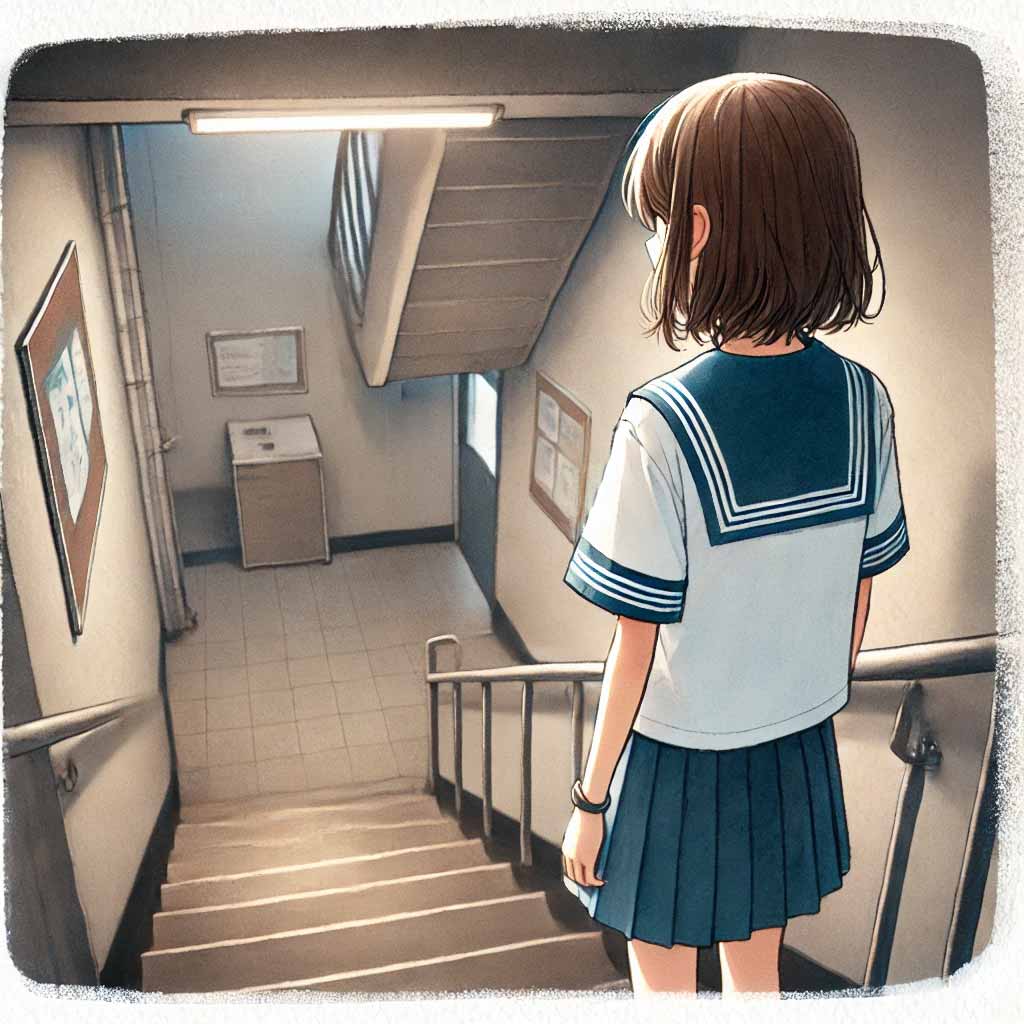 階段にひとりぼっちの中学生女子