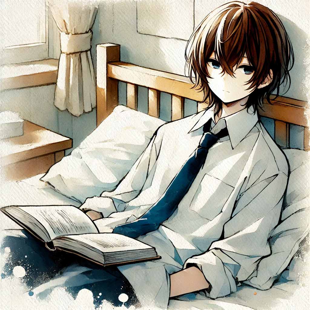 ベッドで本を読んでいる中学生男子