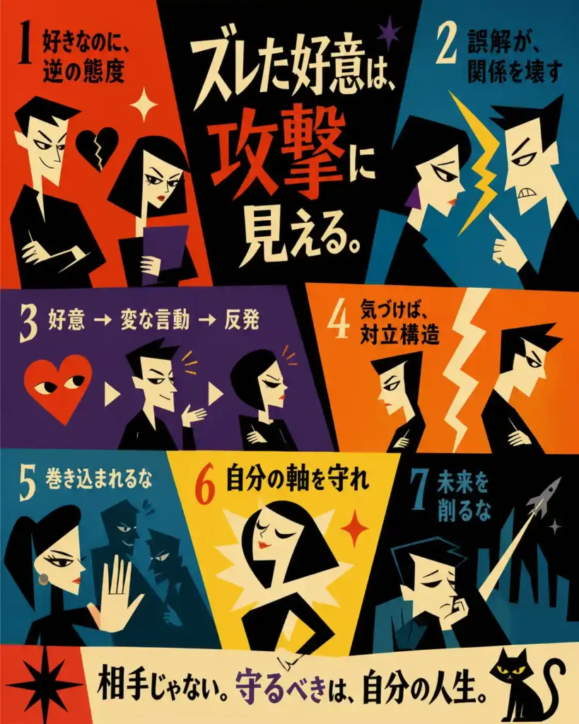 1960年代風のフラットデザインで、恋愛の誤解と対立の流れを7つの見出しで示すインフォグラフィック。