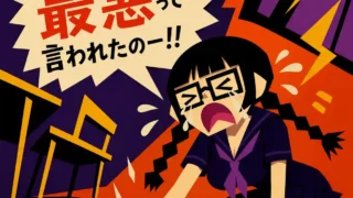 震える吹き出しで「席替えが最悪って言われたのー！！」と叫び、濃紺セーラー服の三つ編み女子が床を叩いて大泣きする60年代風フラットイラスト。