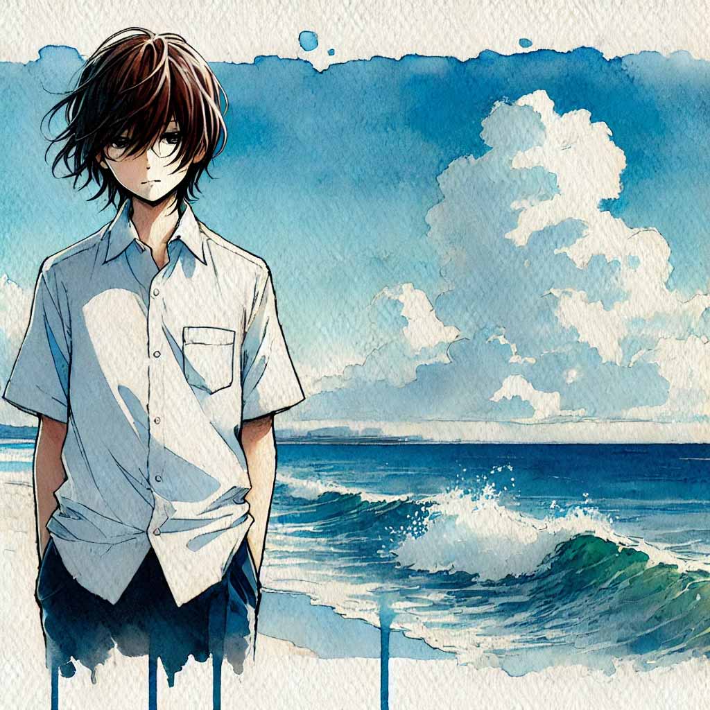 心をリセットするため海辺を散歩している中学生男子