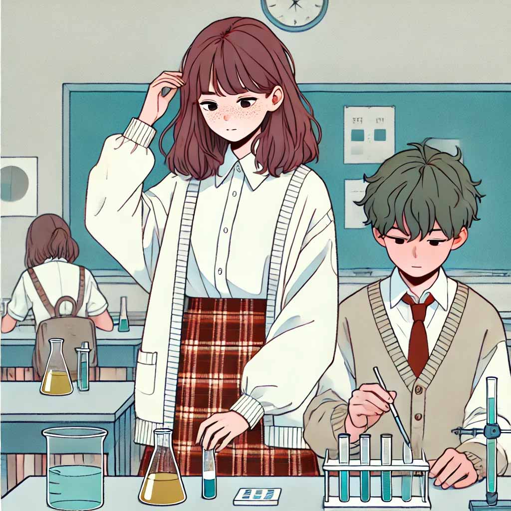 男の子と理科の実験中の中学生女子
