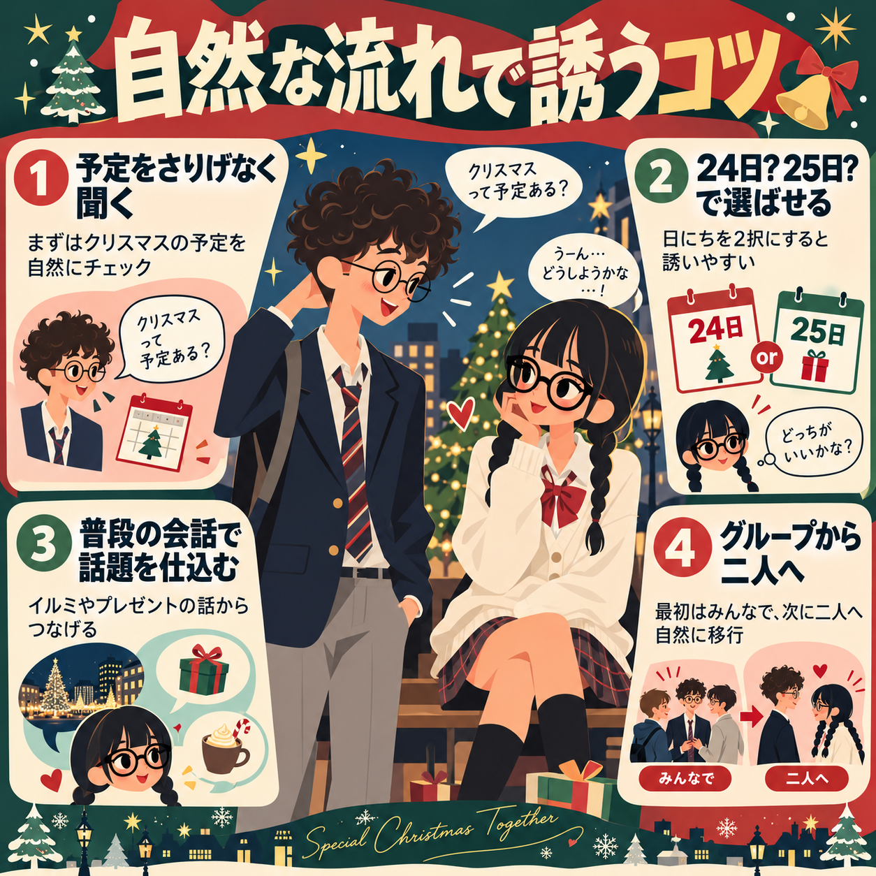 クリスマスに女子を自然に誘う4つのコツを紹介するインフォグラフィック。予定の聞き方や24日・25日の選ばせ方、会話の仕込み方、グループから二人で会う流れを図解。