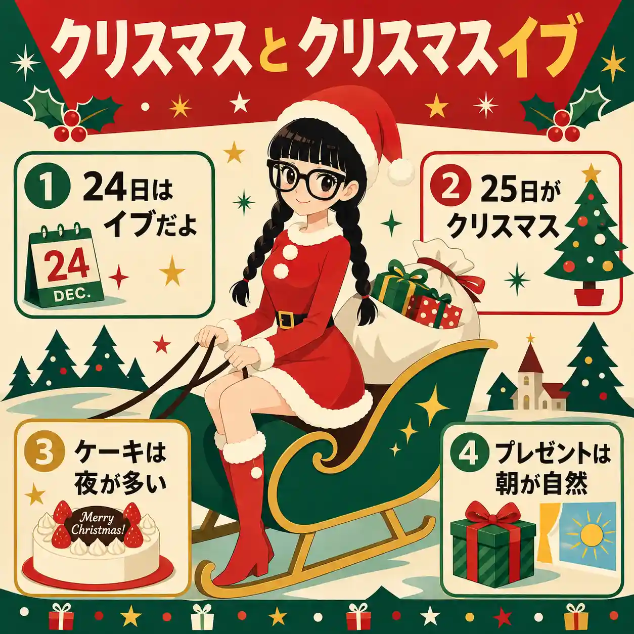 サンタ服でソリに乗る三つ編みメガネの女の子が、クリスマスとクリスマスイブの違いを「24日はイブ」「25日がクリスマス」「ケーキは夜が多い」「プレゼントは朝が自然」の4点で説明するインフォグラフィック