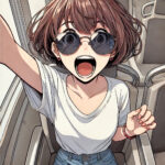 メガネをかけてコースターに乗っている中学生女子