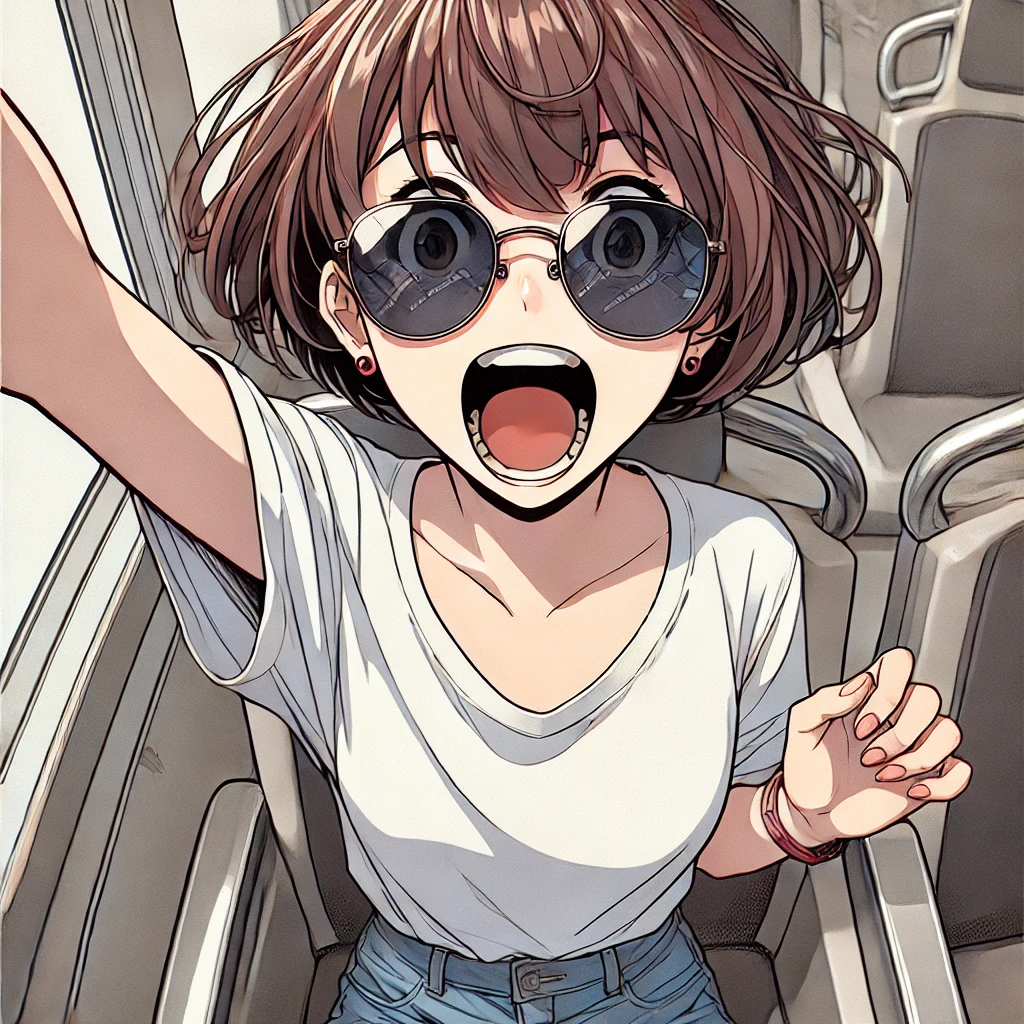 メガネをかけてコースターに乗っている中学生女子