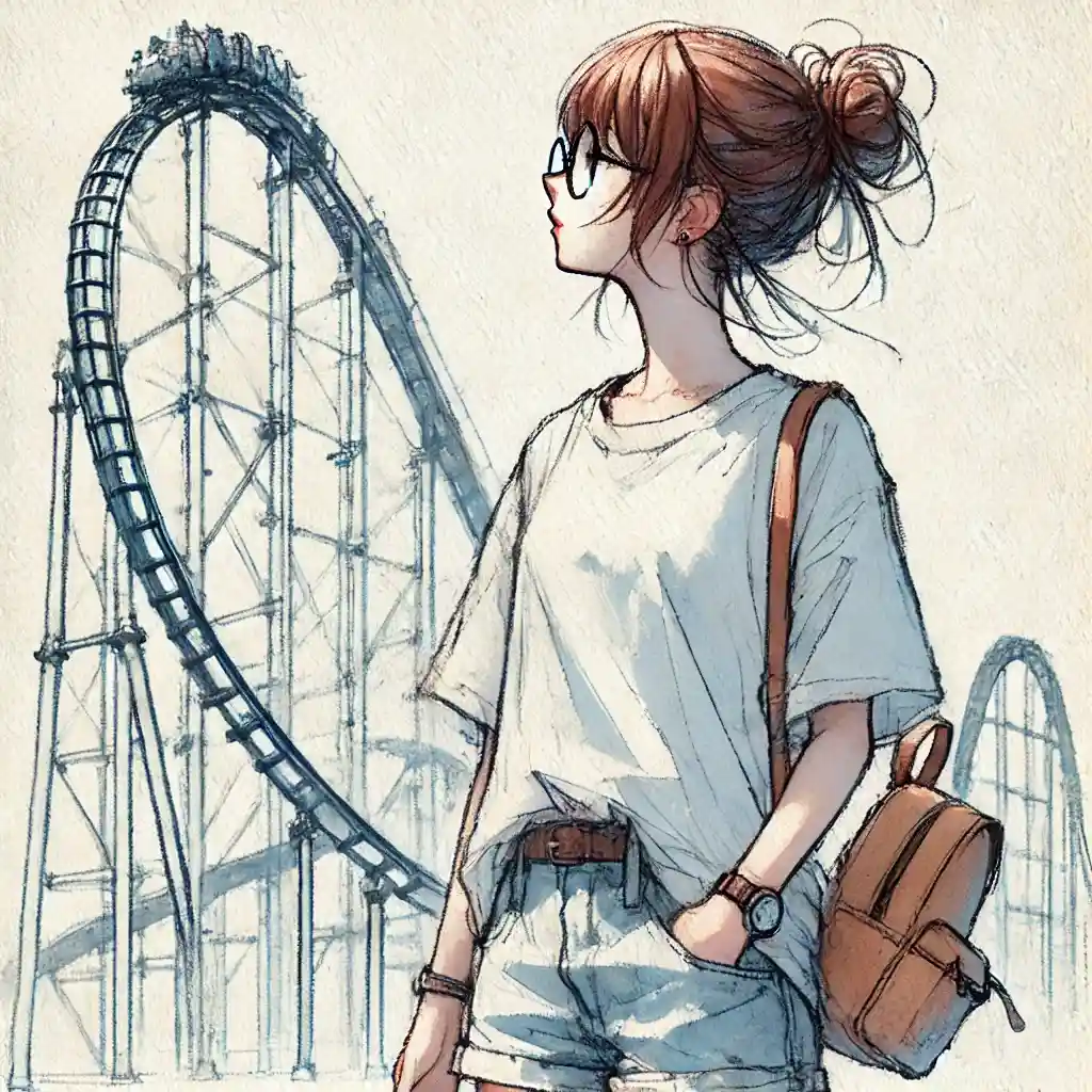 メガネ女子　コースターを見上げている
