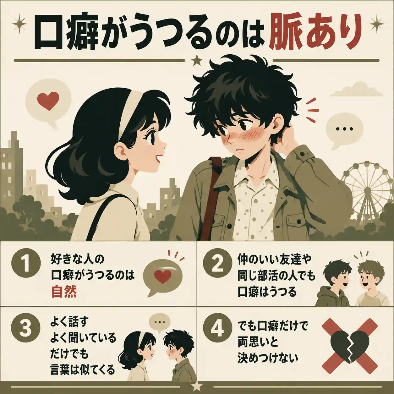 好きな人と話して赤くなる男子を中心に、口癖がうつるのは自然だが両思いの決め手ではないと4点で示したレトロ風インフォグラフィック。