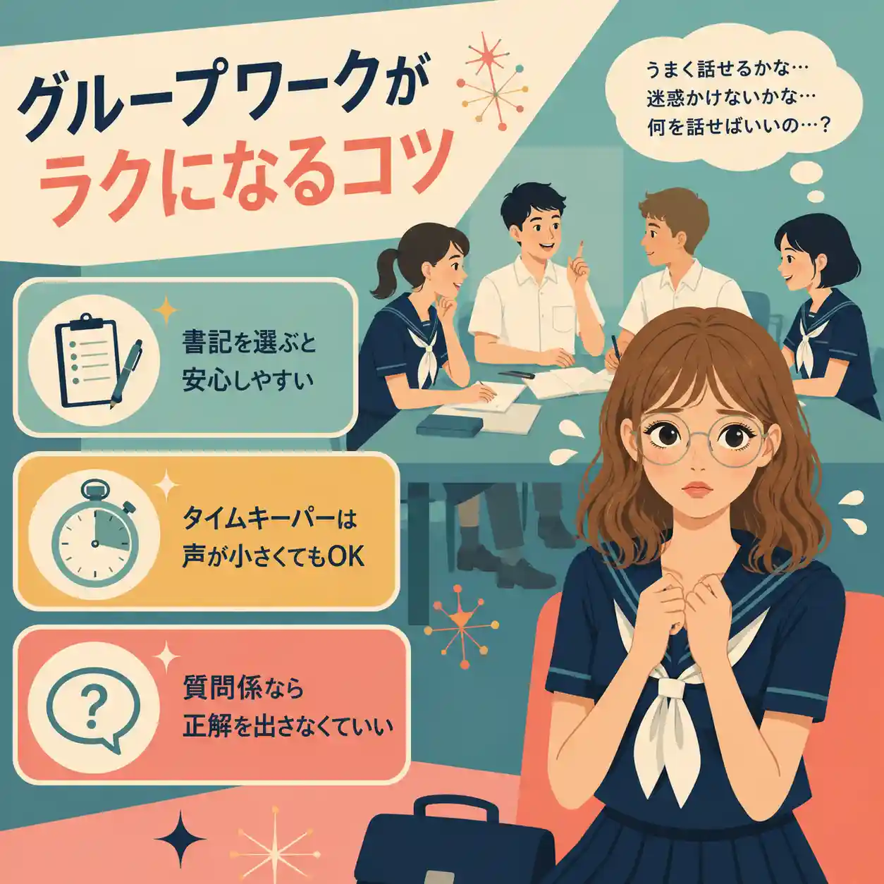 グループワークが苦手な中学生に向けて、書記・タイムキーパー・質問係のコツを紹介するインフォグラフィック
