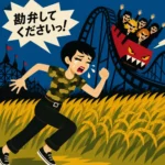 泣きながら走って逃げるショートカットの女子。迷彩柄Tシャツとパンツ姿で、背後には怖いジェットコースター。吹き出しに「勘弁してくださいっ！」と叫ぶレトロ風フラットイラスト。