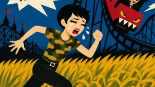泣きながら走って逃げるショートカットの女子。迷彩柄Tシャツとパンツ姿で、背後には怖いジェットコースター。吹き出しに「勘弁してくださいっ！」と叫ぶレトロ風フラットイラスト。